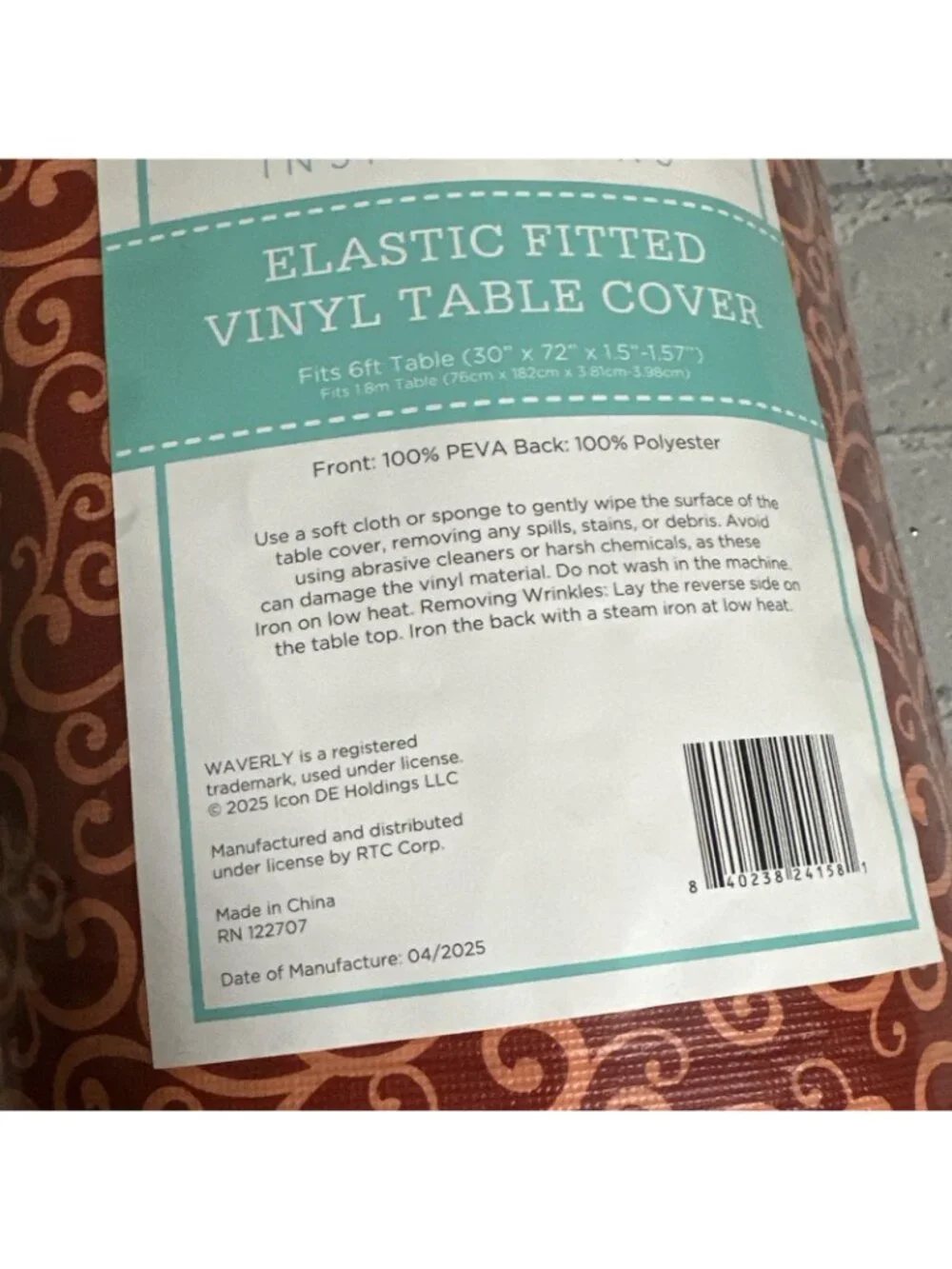 Orange Coral Paisley Elastic Fitted Vinyl Table Cover Waverly for 6 ft 30” x 72”